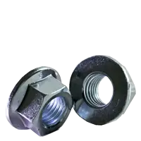 Close-up of a hex flange nut with integrated washer base for secure load distribution in industrial applications